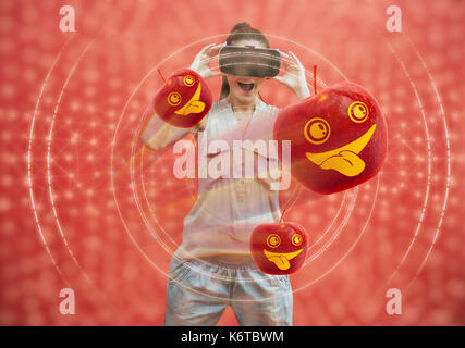 Visual reality concept. Young man using Visual reality or VR headset and interacting with object Stock Photo