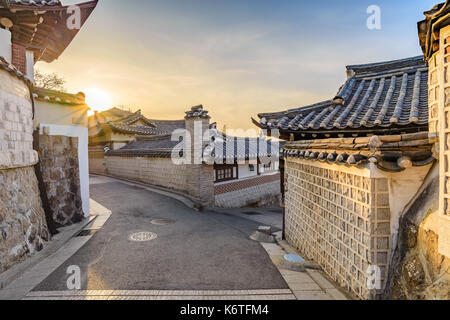 Seoul sunrise city skyline at Bukchon Hanok Village, Seoul, South Korea Stock Photo