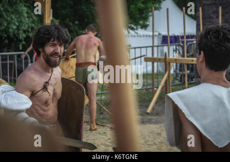 MOSCOW,RUSSIA-June 06,2016: Lifestyle picture of ancient gladiator warrior ready to fight at festival. Stock Photo