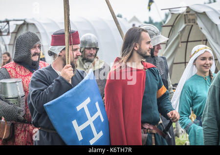 MOSCOW,RUSSIA-June 06,2016: Warriors in ancient costumes are marching to battlefield. Stock Photo