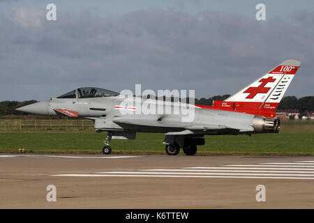 Lined up for take off at RAF Coningsby is 41 Squadrons specially marked Typhoon from the units 100th anniversary in 2016. Stock Photo