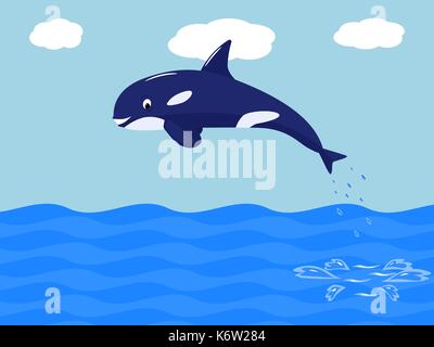 Vector funny cartoon whale jumps out of the water Stock Vector