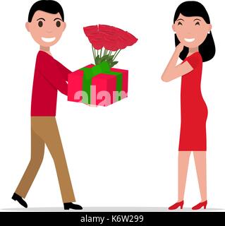 Vector cartoon man gives gift and flowers to woman Stock Vector