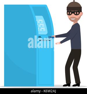 Vector thief robber trying to steal money from ATM Stock Vector