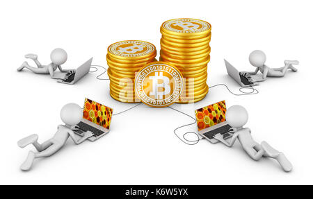 Men with laptops around coin Bitcoins. 3d rendering. Stock Photo