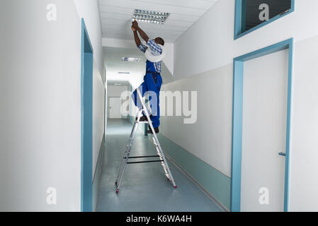 Young Male Electrician On Stepladder Installing Light On Ceiling Stock ...