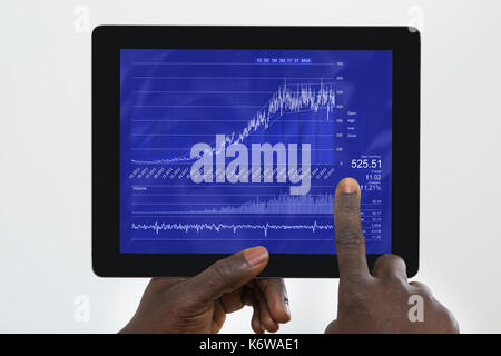 Close-up Of Person's Hand Holding Digital Tablet With Graph On Screen Stock Photo