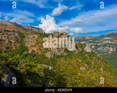 The fortified village of Gourdon situated high in the mountains is considered one of France's most beautiful villages. Stock Photo