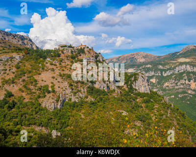 The fortified village of Gourdon situated high in the mountains is considered one of France's most beautiful villages. Stock Photo