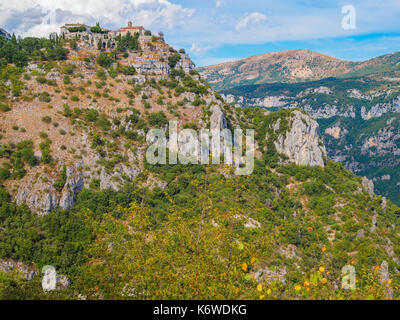 The fortified village of Gourdon situated high in the mountains is considered one of France's most beautiful villages. Stock Photo