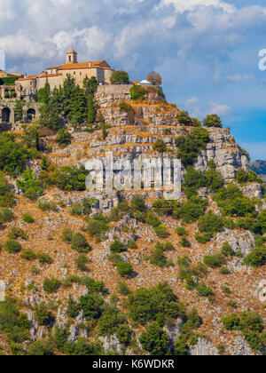 The fortified village of Gourdon situated high in the mountains is considered one of France's most beautiful villages. Stock Photo