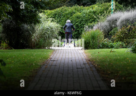 An elderly woman pictured walking slowly with a tri walker aid through a park in Felpham, West Sussex, UK. Stock Photo