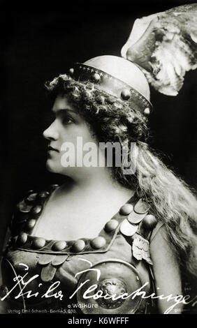 Thila Plaichinger in Richard Wagner 's opera 'Die  Walküre' (The Valkyrie).  Austrian soprano 13 March 1868 - 17 March 1939.  Berlin production. Plaichinger was the leading soprano in Berlin from 1901-1914.  Wearing a headdress.  Ring Cycle.