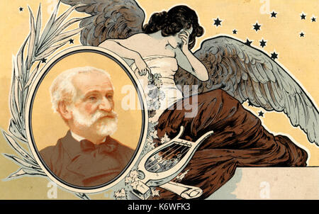 Giuseppe Verdi portrait on postcard portraying memorial to Verdi, after his death. Muse with lyre weeping. Italian composer (1813-1901) Stock Photo