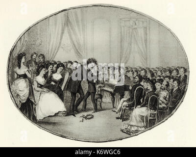 Beethoven embraces Liszt after his concert,  13 April 1823. Hungarian engraving. German composer , 1770-1827 Stock Photo