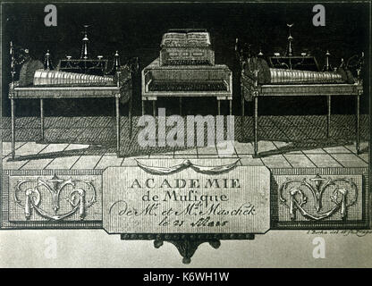 Glass Harmonica ( Armonica ) in early 19thC Czech advertisement  .  (L and R) and Glockenspiel with ' Klaviatur '. Invented by Benjamin Franklin in 18th century. Made up of glass bowls of different sizes mounted on a spindle.    (notice gives names of married couple - Maschek, Mr & Mrs) Stock Photo