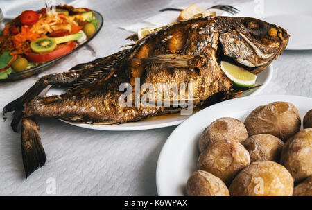 Grilled fish on plate, canarian wrinkly potatoes and salad with vegetables and fruits. Tenerife, Canary islands Stock Photo