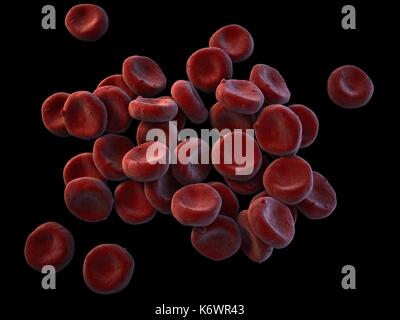 Topographical SEM (scanning Electron Microscope) close-up of oxygenated Red Blood Cells (Erythrocytes) piled up on dark grey surface background. Stock Photo