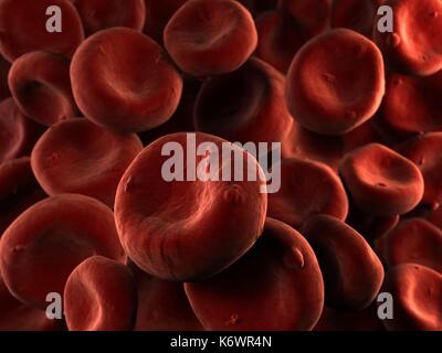 Red Blood Cells (Erythrocytes) flowing in blood stream, SEM (scanning Electron Microscope) false rich red colored stylized depiction. Stock Photo