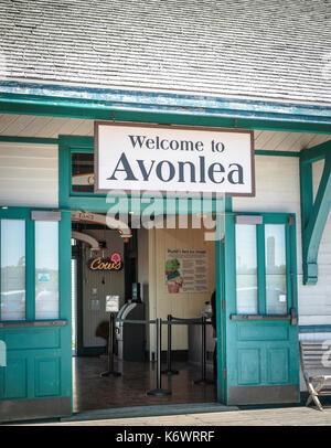 Welcome to Avonlea sign at entrance to building in Avonlea, PEI. Avonlea is renowned as the setting for L.M. Montgomery's Anne of Green Gables novels. Stock Photo