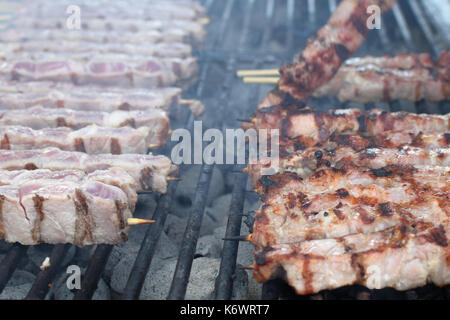 Souvlaki meat skewers on hot grill. Greek food. Stock Photo