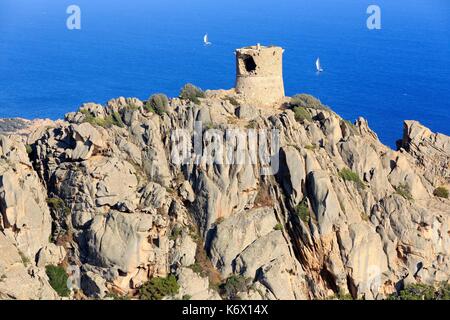 France, Corse du Sud, Sartenais, Sartene, Tour and Cap de Roccapina (aerial view) Stock Photo