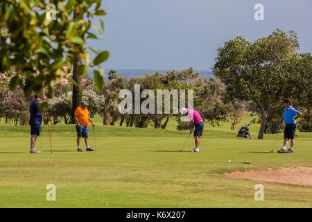 Spain, Canary Islands, Fuerteventura Island, Caleta de Fuste, golf the Golf Club with a view of the Atlantic Ocean Stock Photo