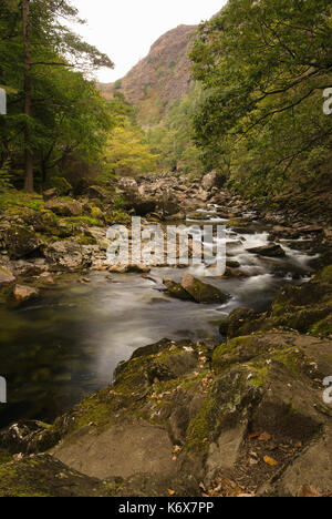 Glaslyn River flowing through the Aberglaslyn Pass in Snowdonia National Park Wales renowned for it's clear water and scenic beauty. Stock Photo