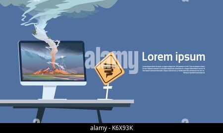Computer Monitor With Tornado Imade And Hurricane Warning Road Sign Landscape Of Storm Waterspout In Countryside Natural Disaster Concept Stock Vector