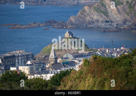 Aerial view of St Nicholas Chapel and Ilfracombe from the Torrs Park Stock Photo