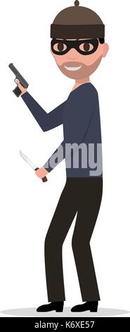 Vector cartoon bandit in a mask with a gun a knife Stock Vector