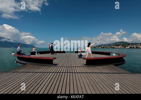 This Platform Sur Mer on Lake Geneva in Switzerland is in the town of Montreux and is right next to the statue of Freddie Mercury from the band Queen. Stock Photo