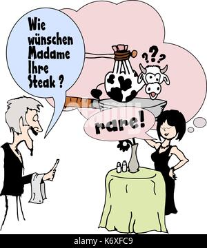 Cartoon illustration of a scene in a restaurant, German waiter asking for the steak Stock Vector