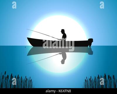Vector background moon fisherman on boat fishes Stock Vector