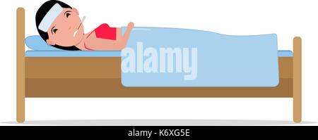 Vector cartoon ill sick woman lying bed with flu Stock Vector