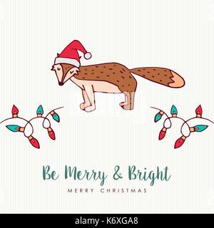 Merry Christmas hand drawn animal greeting card. Cute fox cartoon with santa hat, handwritten typography quote and holiday lights decoration. EPS10 ve Stock Vector