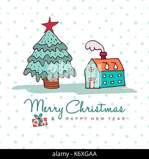 Merry Christmas Happy New Year hand drawn greeting card. Cute cozy winter house with pine tree and holiday typography quote. EPS10 vector. Stock Vector