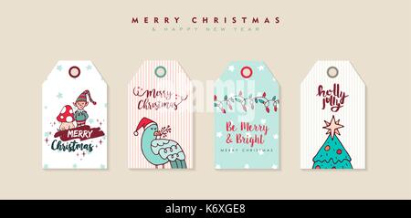 Merry Christmas Happy New Year hand drawn label tag set. Includes cartoon elf, bird, pine tree and typography quotes. EPS10 vector. Stock Vector