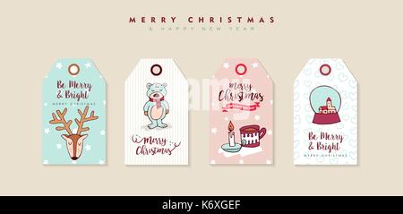 Merry Christmas Happy New Year hand drawn label tag set. Includes cartoon animals, der, bear and typography quotes. EPS10 vector. Stock Vector