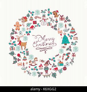 Merry Christmas hand drawn greeting card design with wreath shape holiday ornament decoration icons. EPS10 vector. Stock Vector