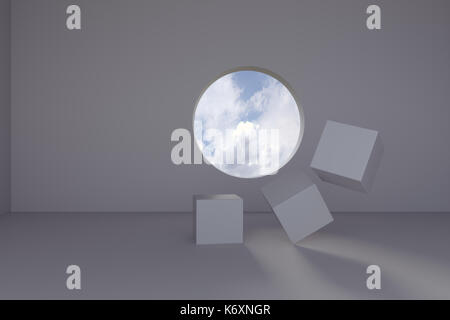 3d rendering of abstract circle windows with cube block Stock Photo