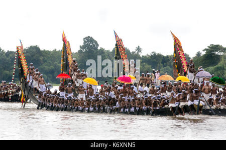 decorated boats also called palliyodam and rowers from Aranmula Boat Race,the oldest river boat fiesta in Kerala,Aranmula,snake boat race,india Stock Photo