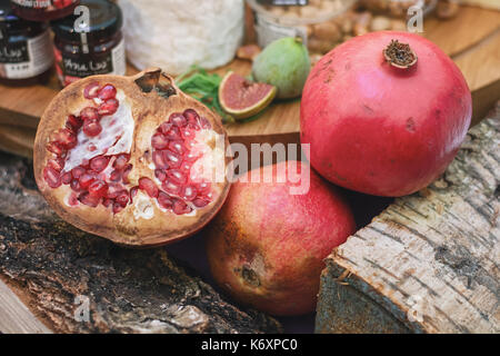 Utrecht, Netherlands, December 9, 2016: pomegranates displayed on the food festival. Stock Photo