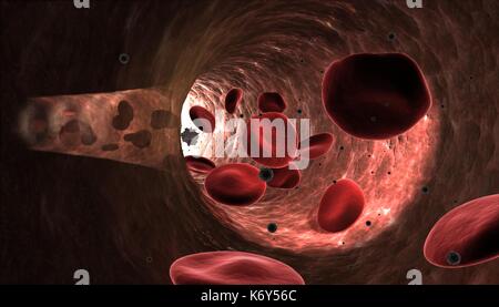 Blood cells flowing in a transparent artery backdrop with blood cells in foreground. Stock Photo