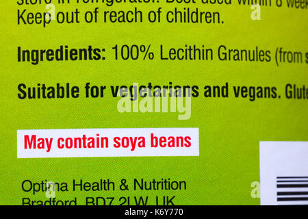 May contain soya beans, suitable for vegetarians and vegans information on tub of Optima 100% Pure Lecithin granules Stock Photo