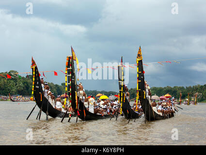 decorated boats also called palliyodam and rowers from Aranmula Boat Race,the oldest river boat fiesta in Kerala,Aranmula,snake boat race,india Stock Photo