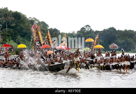 decorated boats also called palliyodam and rowers from Aranmula Boat Race,the oldest river boat fiesta in Kerala,Aranmula,snake boat race,india Stock Photo