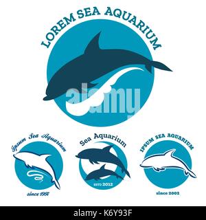 Set of sea aquarium logo sign isolated on white. Jumping dolphin emblems. Vector illustration. Stock Vector