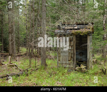 Old abandoned outhouse or privy falling down in the Adirondack Mountains forest. Stock Photo