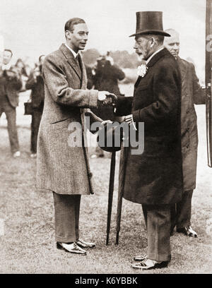 Prince Albert, Duke of York, left, with his father George V at the Richmond Royal Horse Show in 1928.   George V, 1865 – 1936.  King of the United Kingdom and the British Dominions and Emperor of India.  Prince Albert, Duke of York, future George VI, 1895 – 1952.  King of the United Kingdom and the Dominions of the British Commonwealth.  From The Coronation Book of King George VI and Queen Elizabeth, published 1937. Stock Photo